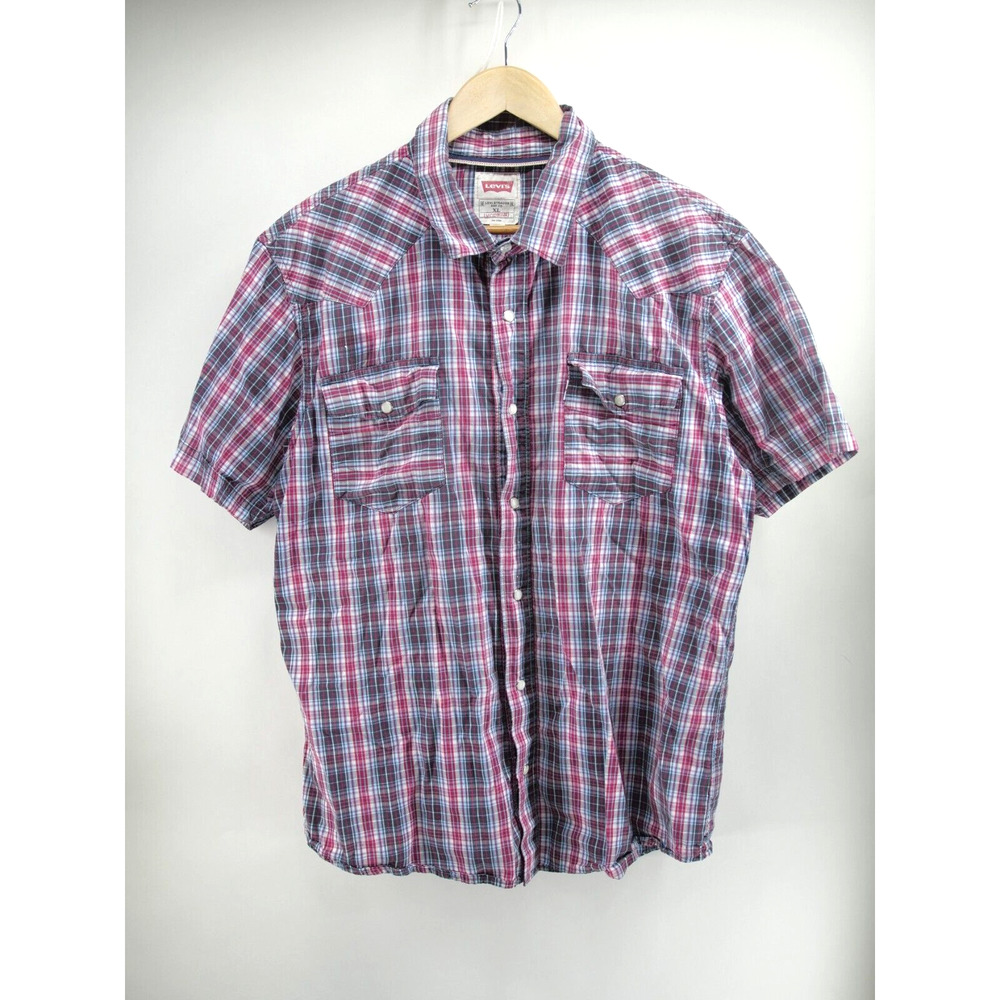 Levi's Modern Pearl Snap Button Up Short Sleeve Collared‎ Plaid Red Men's XL